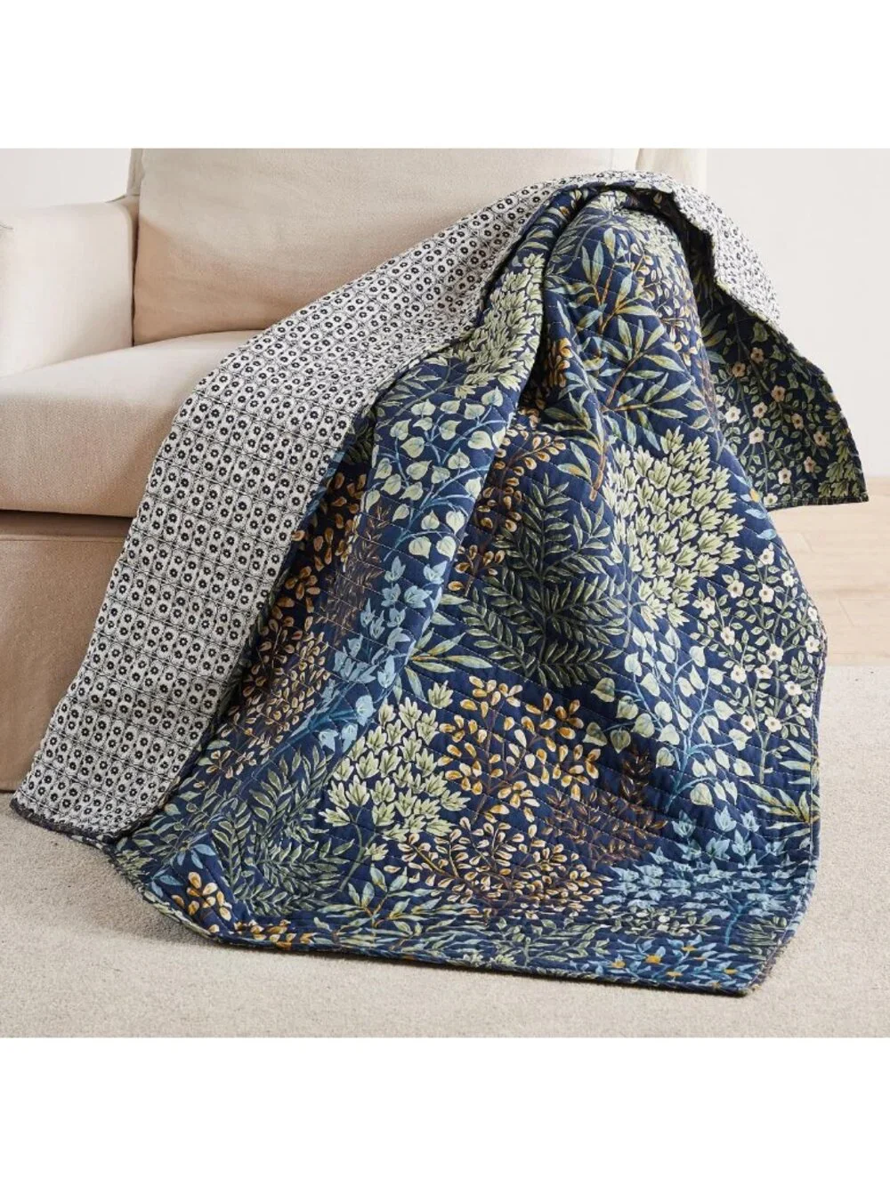 Cozy Quilted Throw Blanket - English Forest Design in Navy, Green & Teal